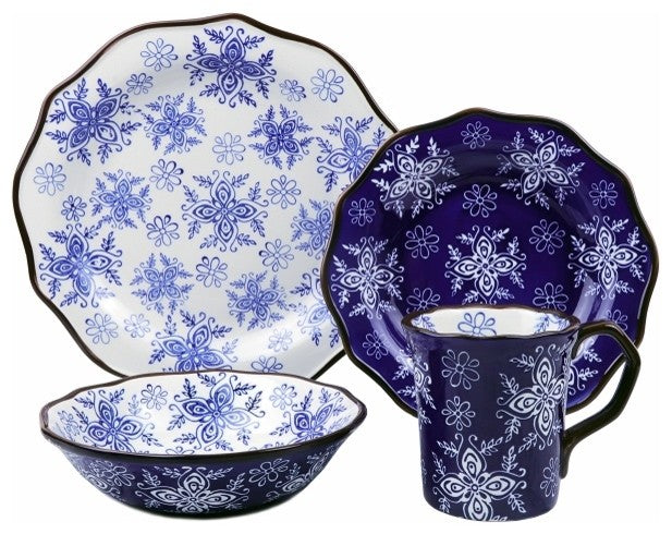 Samana Collection 16 Piece Euro Blue Wavy Edge Stoneware Set