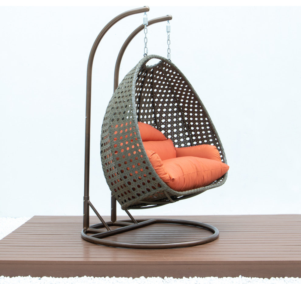 2 Person Beige Wicker Double Hanging Egg Swing Chair, Orange