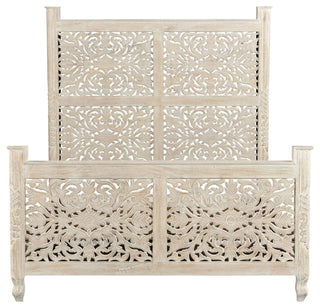 Delaney Floral Carved Bed, Sand White, Queen
