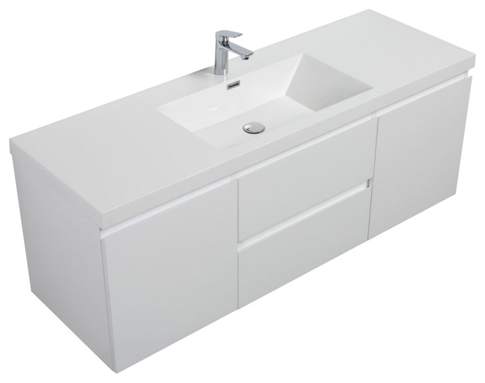 Aurora Wall Mount Vanity, White Acrylic Top, Glossy Polar White, 60"