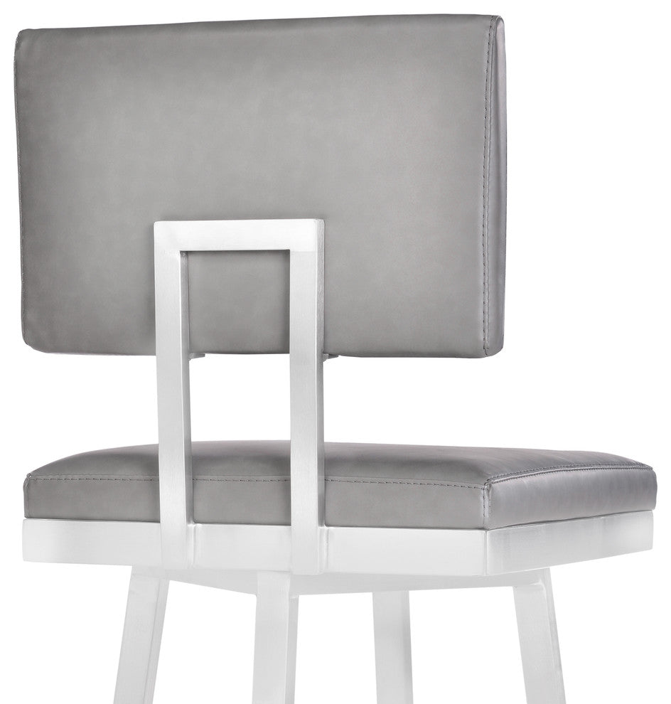 Callisto 30" Barstool, Brushed Stainless Steel and Gray Faux Leather