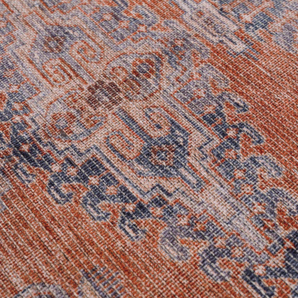 Hauteloom Burnt Orange Taber Medallion Washable Area Rug, Blue, Burnt Orange, Pale Blue/Taber, 7'10"x10'2"