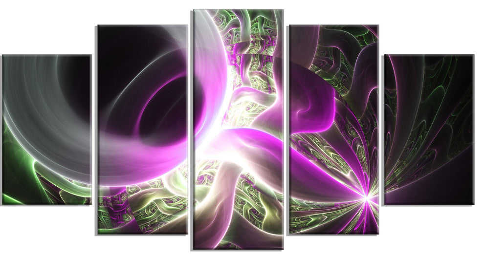Light Purple Designs on Black, Contemporary Wall Art Canvas, 60"x32", 5 Panels