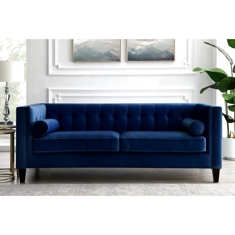 Branwen Velvet Button Tufted Sofa, Square Arms Tapered Leg, Navy
