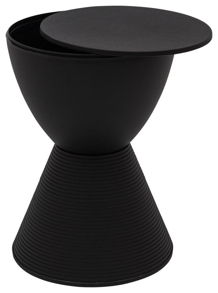 Round Side Table in ABS Plastic Ribbed Design End Table with Removable Lid, Black