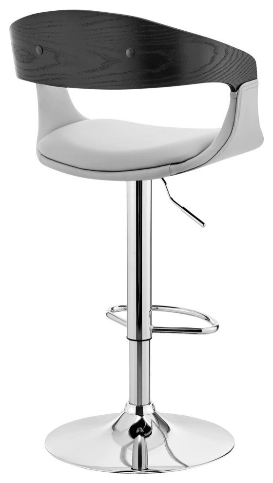 Benson Adjustable Faux Leather and Wood Bar Stool With Metal Base, Gray and Blac