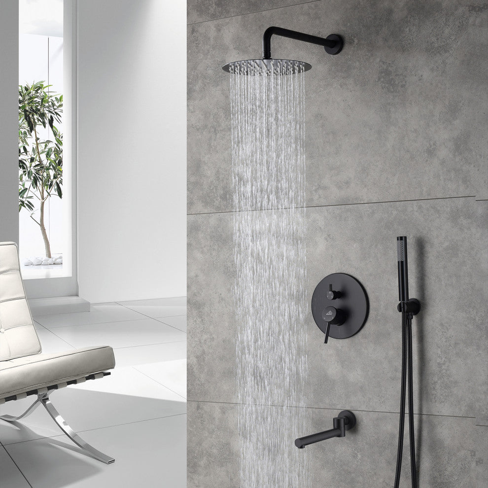 CASAINC 10" Round Wall Mounted Shower System Set Handheld Spray & Bathtub Spout, Matte Black