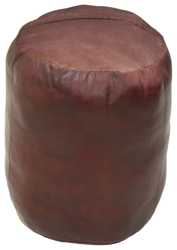 Pouf-Solid Handmade Leather Pouf (Recycled Foam with Fiber Fill), Cherry, [Round]14x14x14