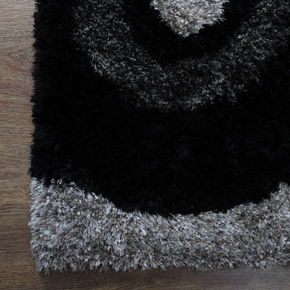 Hand Tufted Shag Polyester Area Rug Geometric Contemporary, Black Beige, [Rectangle] 4'x6'