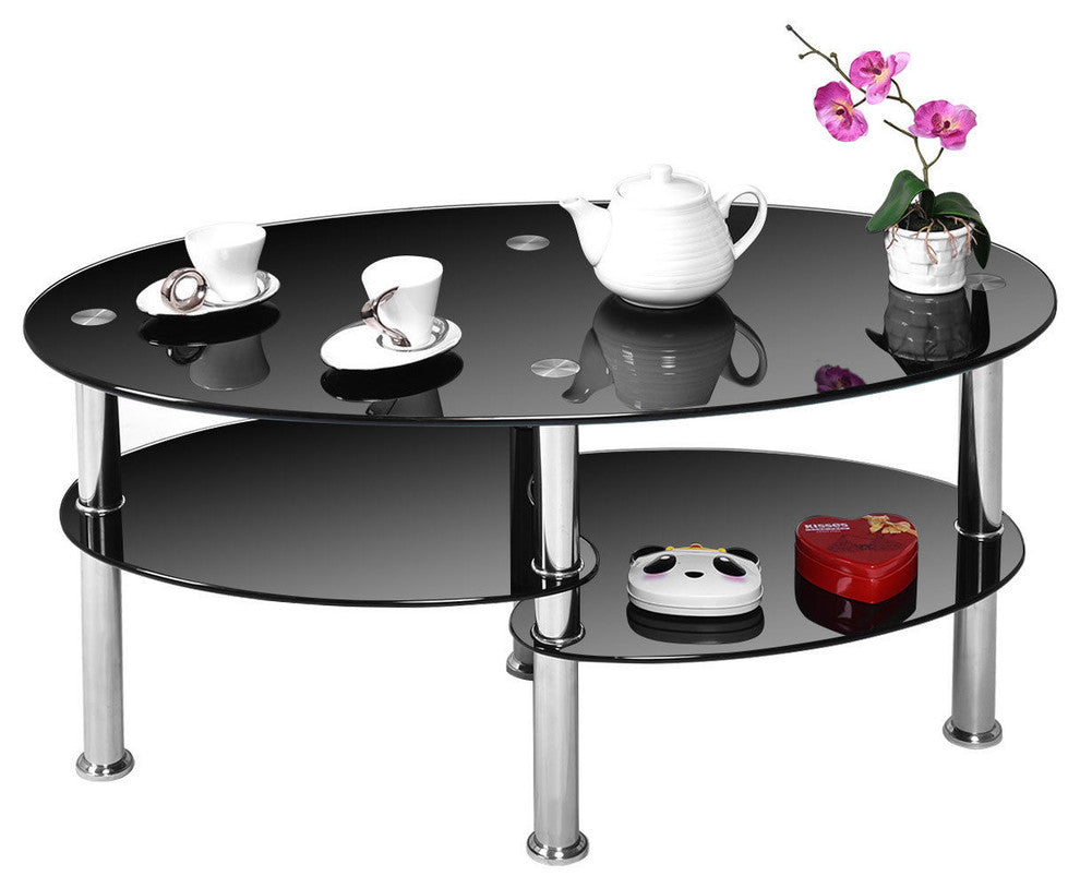Costway Tempered Glass Oval Side Coffee Table Shelf Chrome Base Living Room