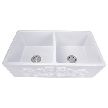 Nantucket Sinks FCFS3318D-Filigree 33 in. Double Bowl Farmhouse Fireclay Sink