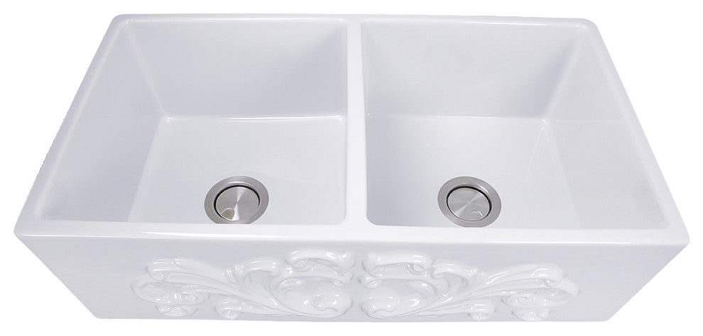 Nantucket Sinks FCFS3318D-Filigree 33 in. Double Bowl Farmhouse Fireclay Sink