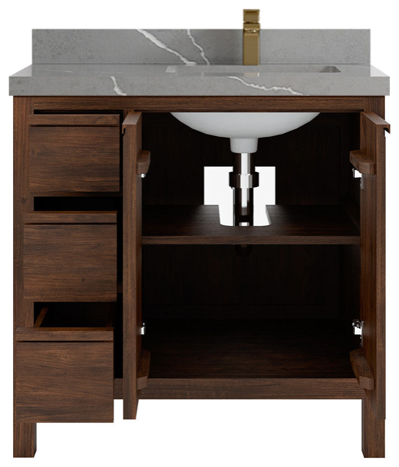 Elizabeth 36 Right Offset Bath Vanity in Dark Walnut Teak 2" Piatra Gray