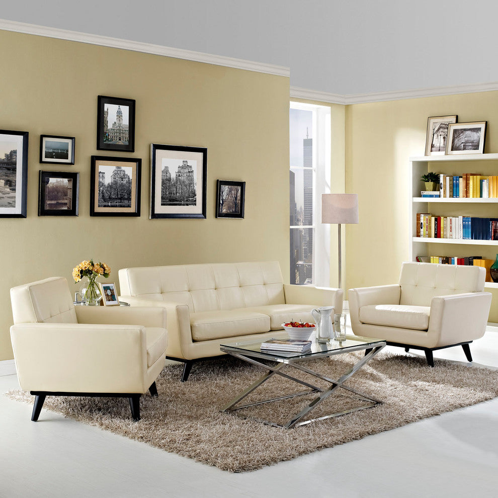 Modway Engage 3 Piece Leather Living Room Set, Beige