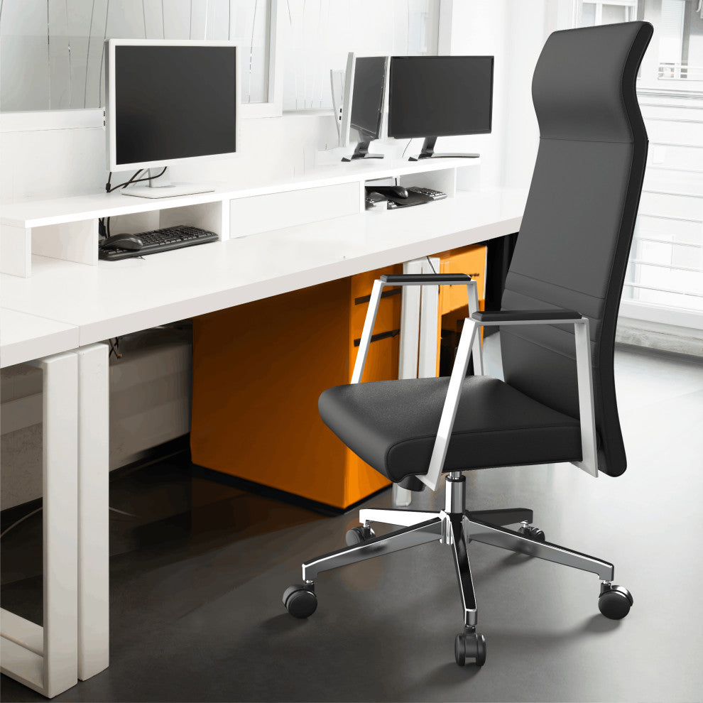 LeisureMod Aleen High-Back Leather Office Chair With Swivel and Tilt, Black