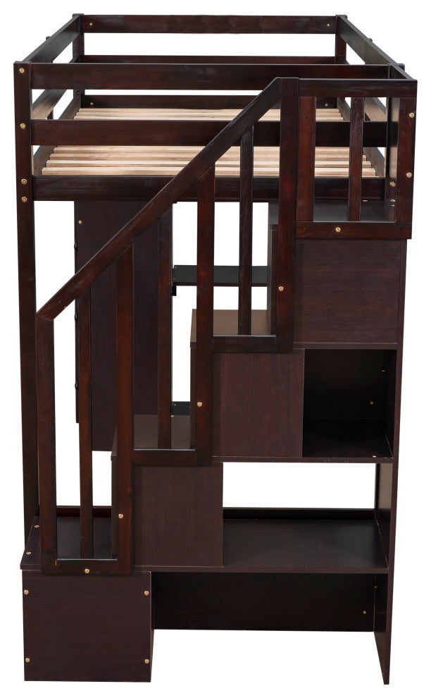 Gewnee Wood Twin Loft Bed with Storage Drawers and Stairs in Espresso