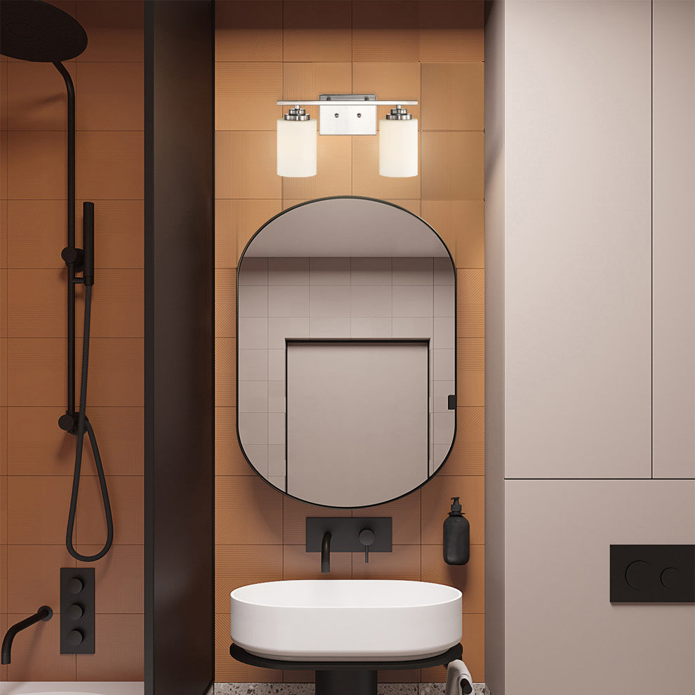 2-Light Brushed Nickel Vanity Lights With White Etched Glass Shades