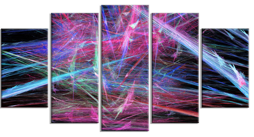 Pink Blue Magical Fractal Pattern, Abstract Canvas Wall Art, 60"x32", 5 Panels