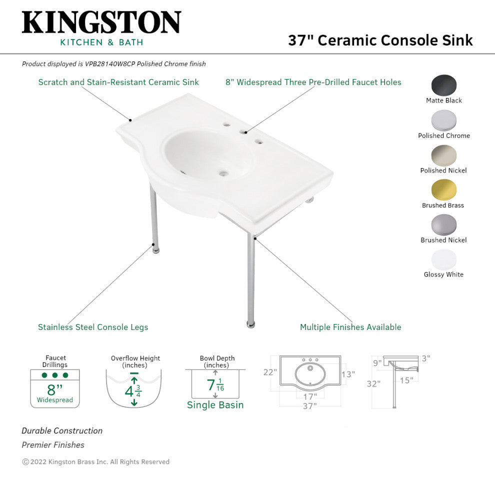 Fauceture VPB28140W8CP 37" Ceramic Console Sink, Legs