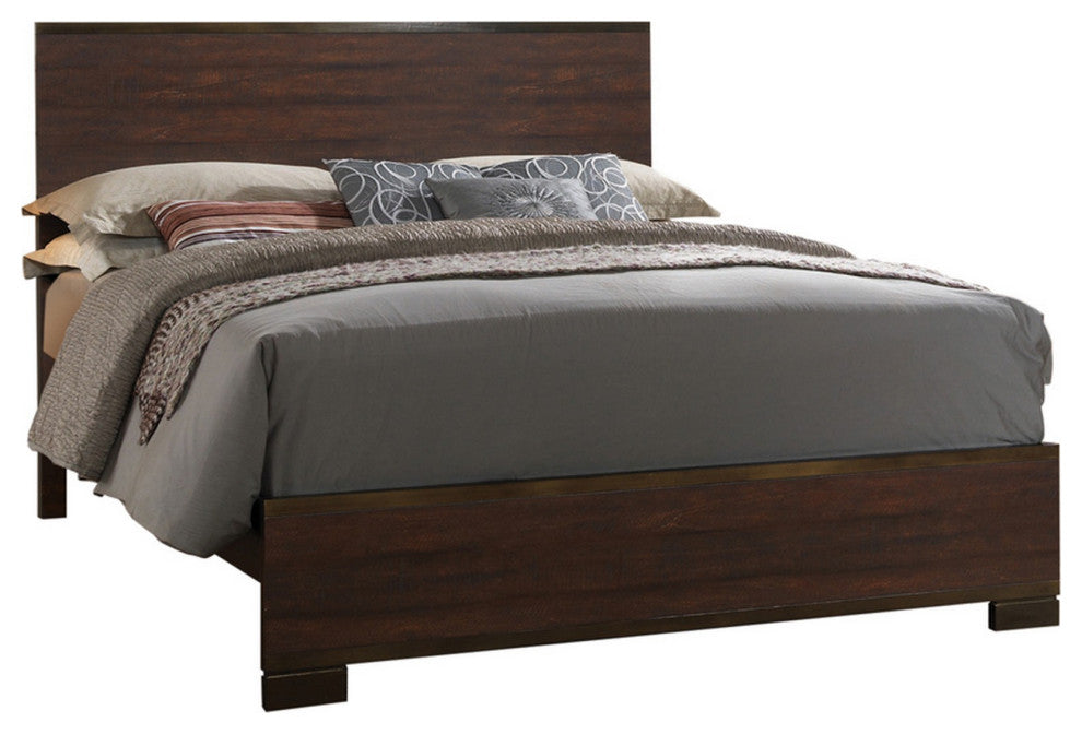 Benzara BM215976 Queen Size Wooden Bed with Natural Grain Details, Dark Brown