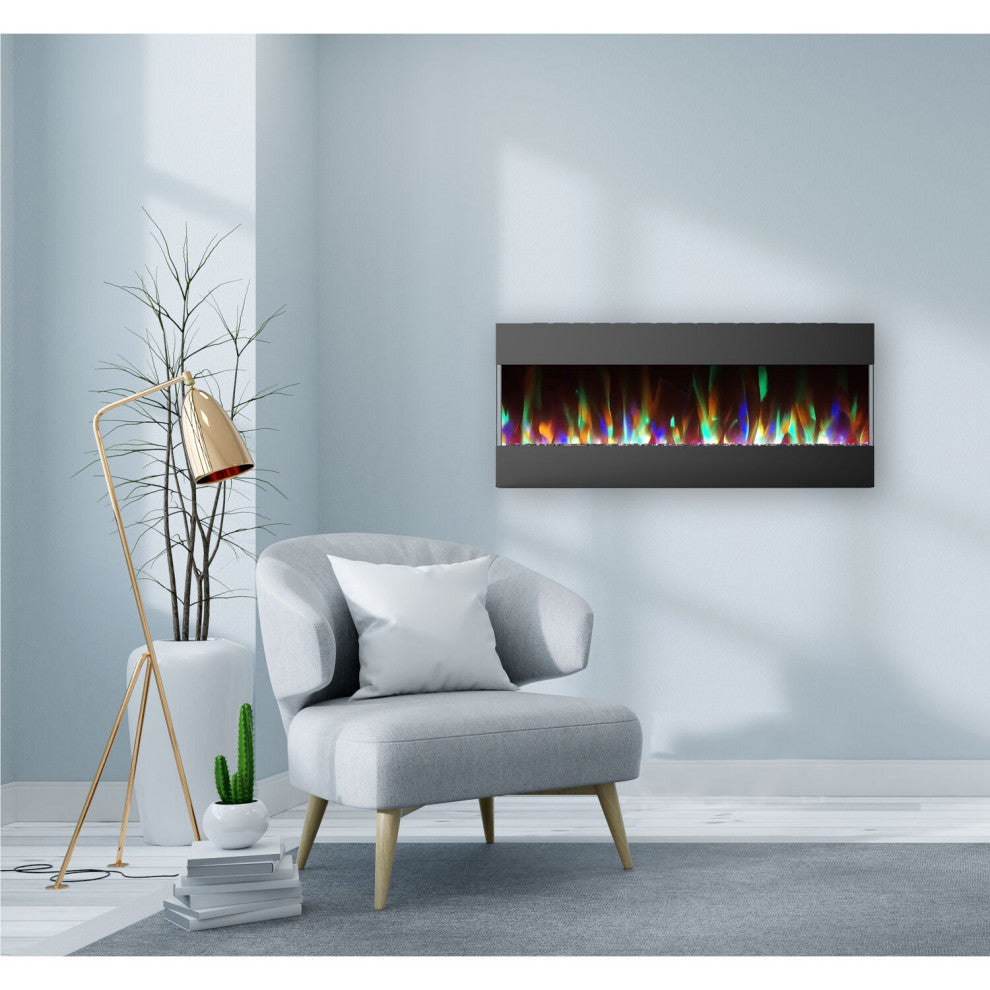 50" Recessed/Wall-Mounted Electric Fireplace With Crystals and Flame Display