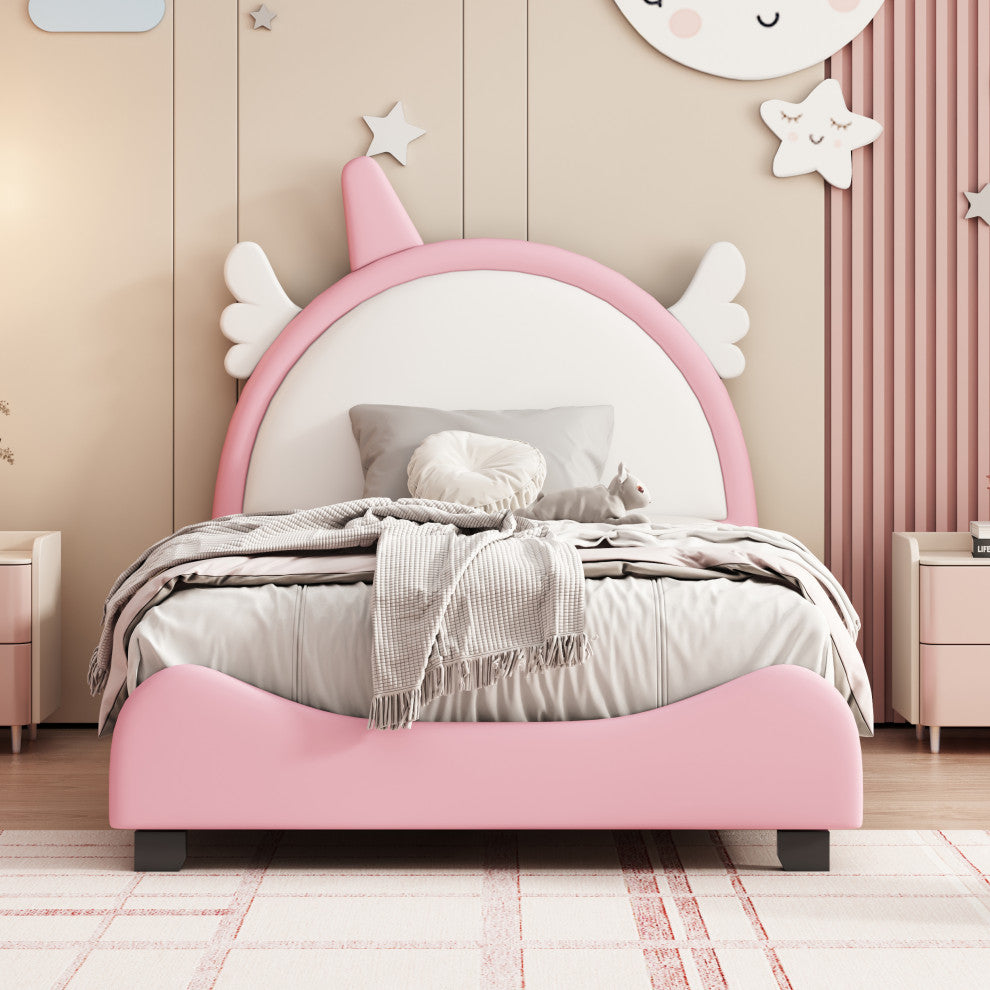 Gewnee Upholstered Twin Platform Bed With Unicorn Shape Headboard in Pink