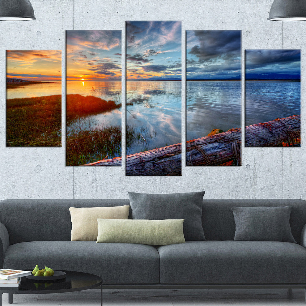 Colorful River Sunset With Log, Large Seashore Canvas Print, 60"x32", 5 Panels