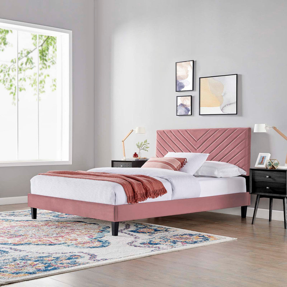 Platform Bed Frame, King Size, Pink, Velvet, Modern, Bedroom Master Guest Suite