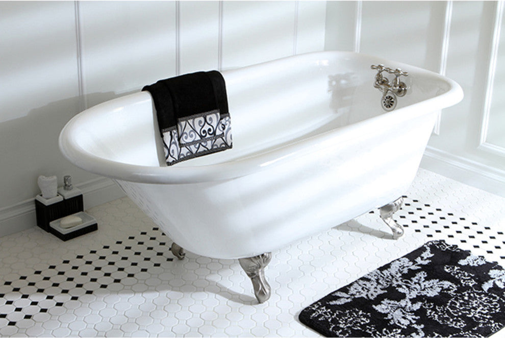 60" Roll Top Clawfoot Tub w/3-3/8" Wall Drillings, White/Brushed Nickel