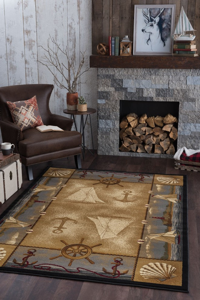Seashore Nautical Novelty Lodge Pattern Beige Rectangle Area Rug, 5'x7'
