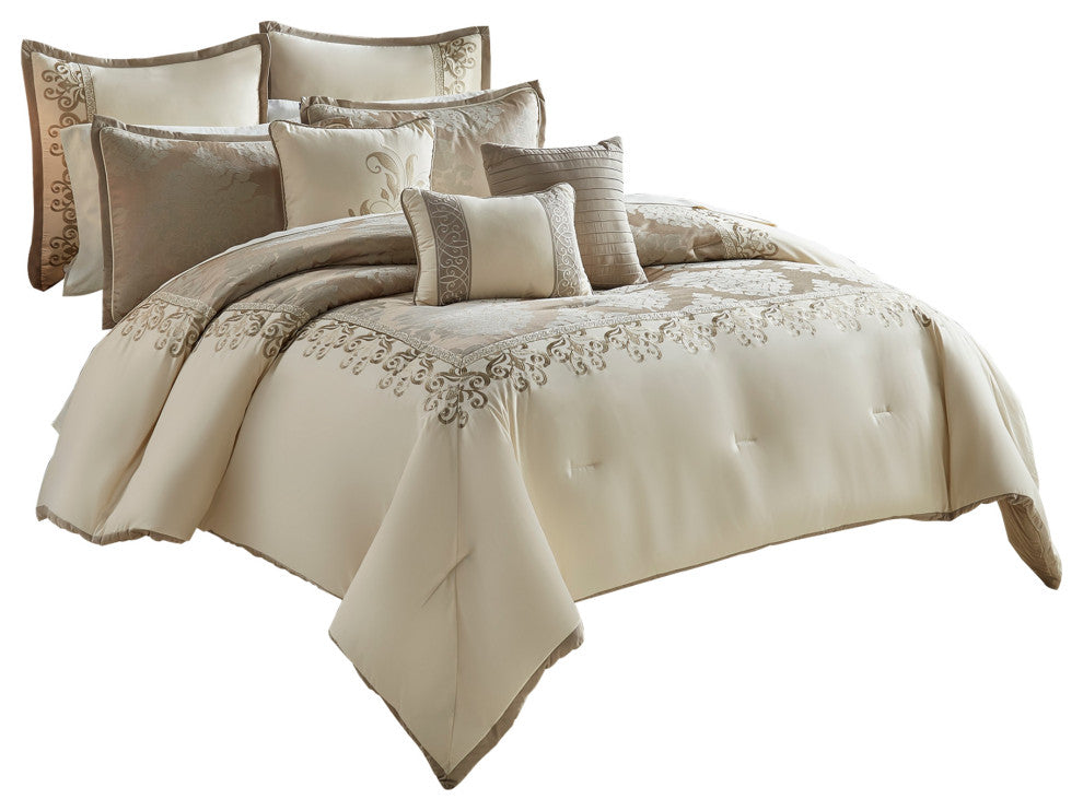 Benzara BM225169 10 Piece King Polyester Comforter Set , Cream and Gold