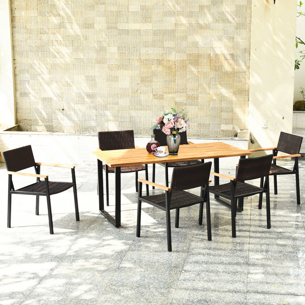 Costway 7PCS Patio Rattan Patented Dining Chair Table Set W/ Umbrella Hole
