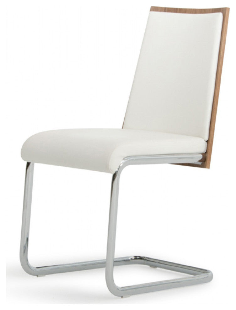 Set of 2 Modern White Faux Leather and Walnut Finish Dining Chairs