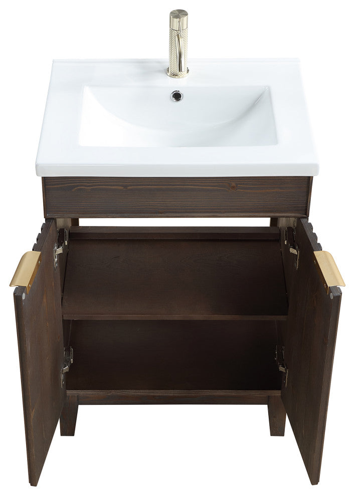 Palos Bathroom Vanity, Spruce Aged Brown, 24", Ceramic Top, With Mirror