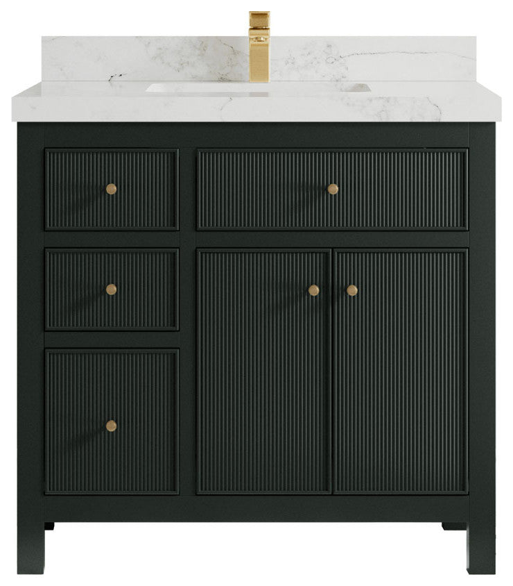Sonoma 36 Center Sink Reeded Bath Vanity in Dark Forest Green 2" Calacatta Nuvo
