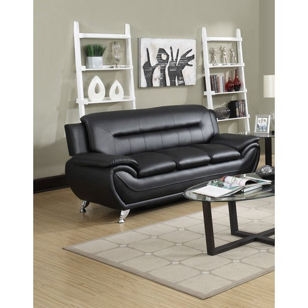 Modern Minimalist Sofa, Bonded Leather Seat With Padded Pillowed Arms, Black