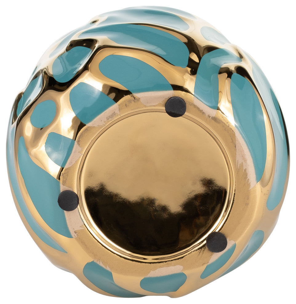 Ceramic 8"H Leaf Vase, Turquoise/Gold