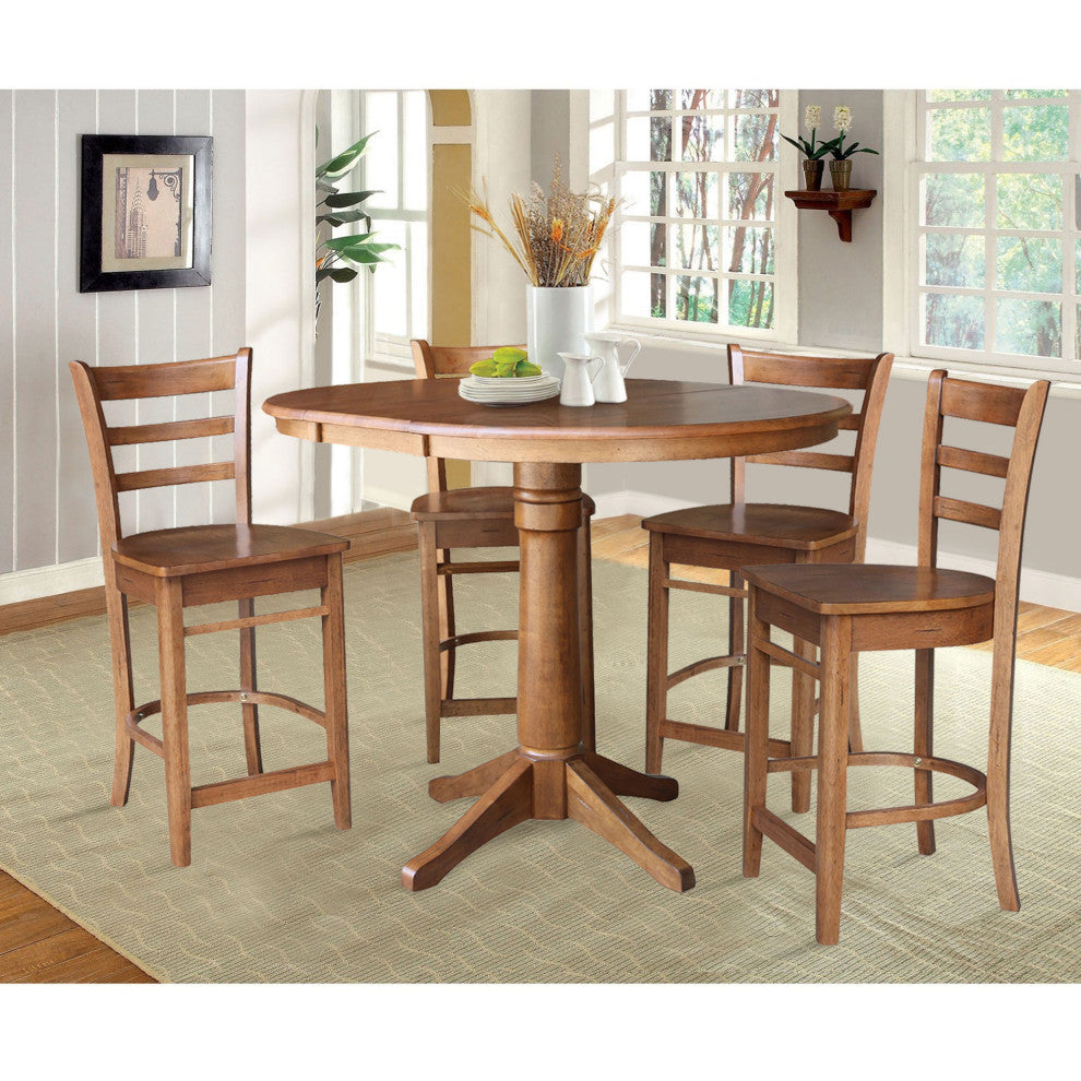36" Round Extension Dining Table With Emily Counter Height Stools, Distressed Oak, 5 Piece