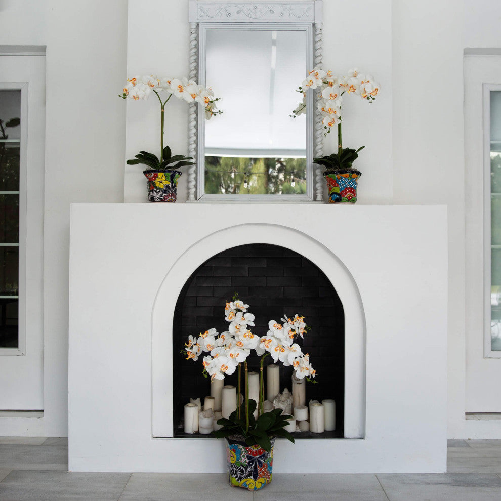 26in Faux Double Orchid Arrangement, Handmade Mexican Talavera Ceramic Planter