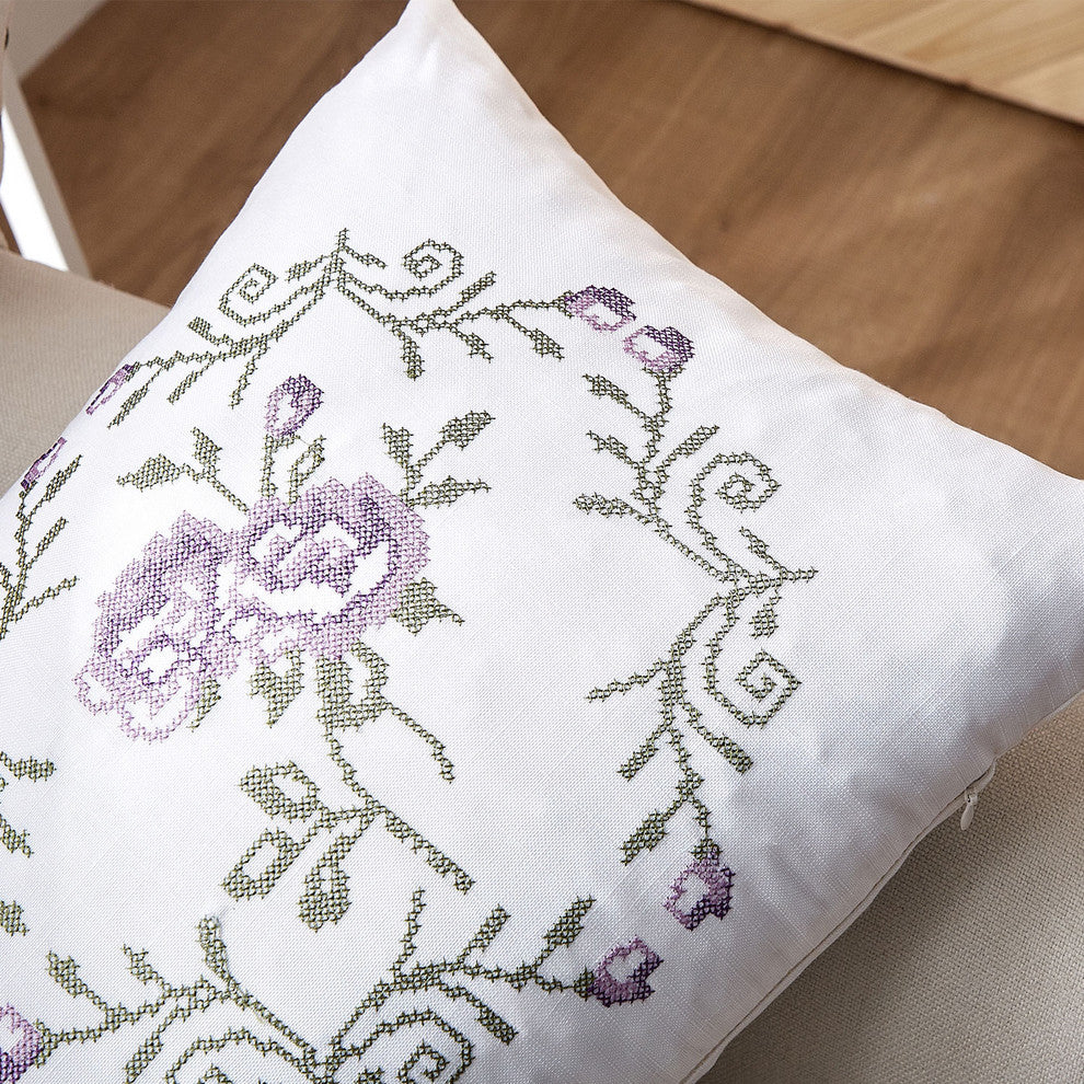 Rose Embroidery 2 Piece Pillow Cover Set, 14" X 26", Lilac