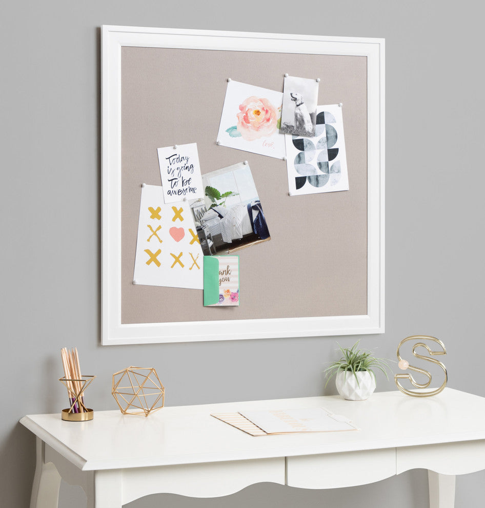 Bosc Framed Gray Linen Fabric Pinboard, White 31.5x31.5