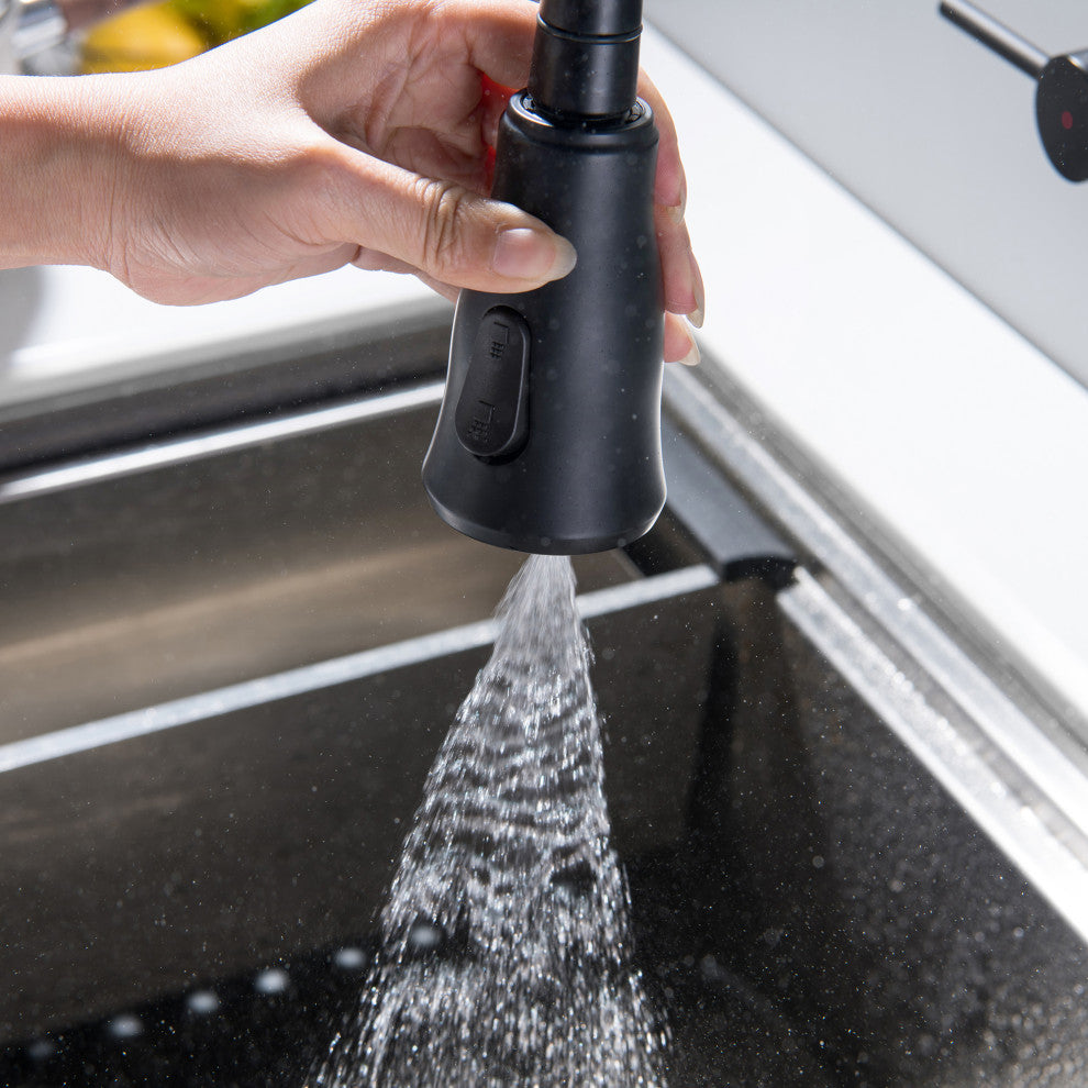 Wall Mounted Bridge Kitchen Faucet With 3 Function Sprayer And Spring Spout, Mat