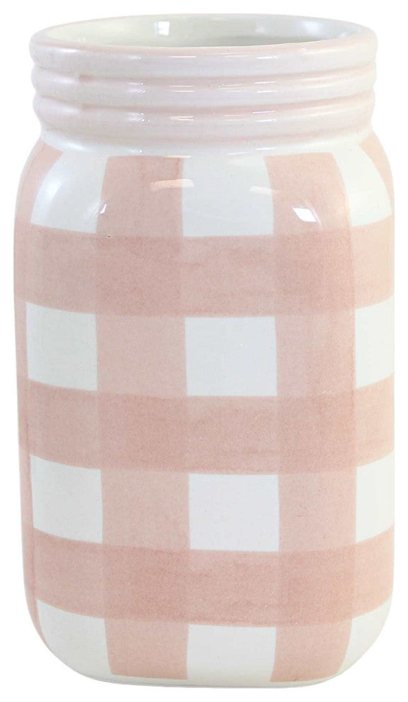 Tabletop Plaid Container Jar Dolomite Planter Utensil Holder A7000 Pink