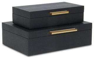 Lusan Rectangular Decorative Box Set, Black Faux Snakeskin