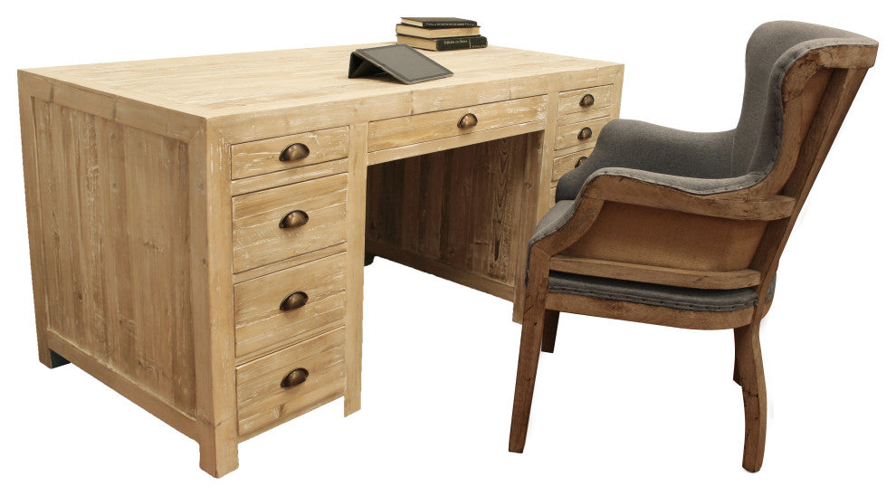 Manhattan Beach 2-Piece Office Set, 12-Drawer Desk and Grey Arm Chair