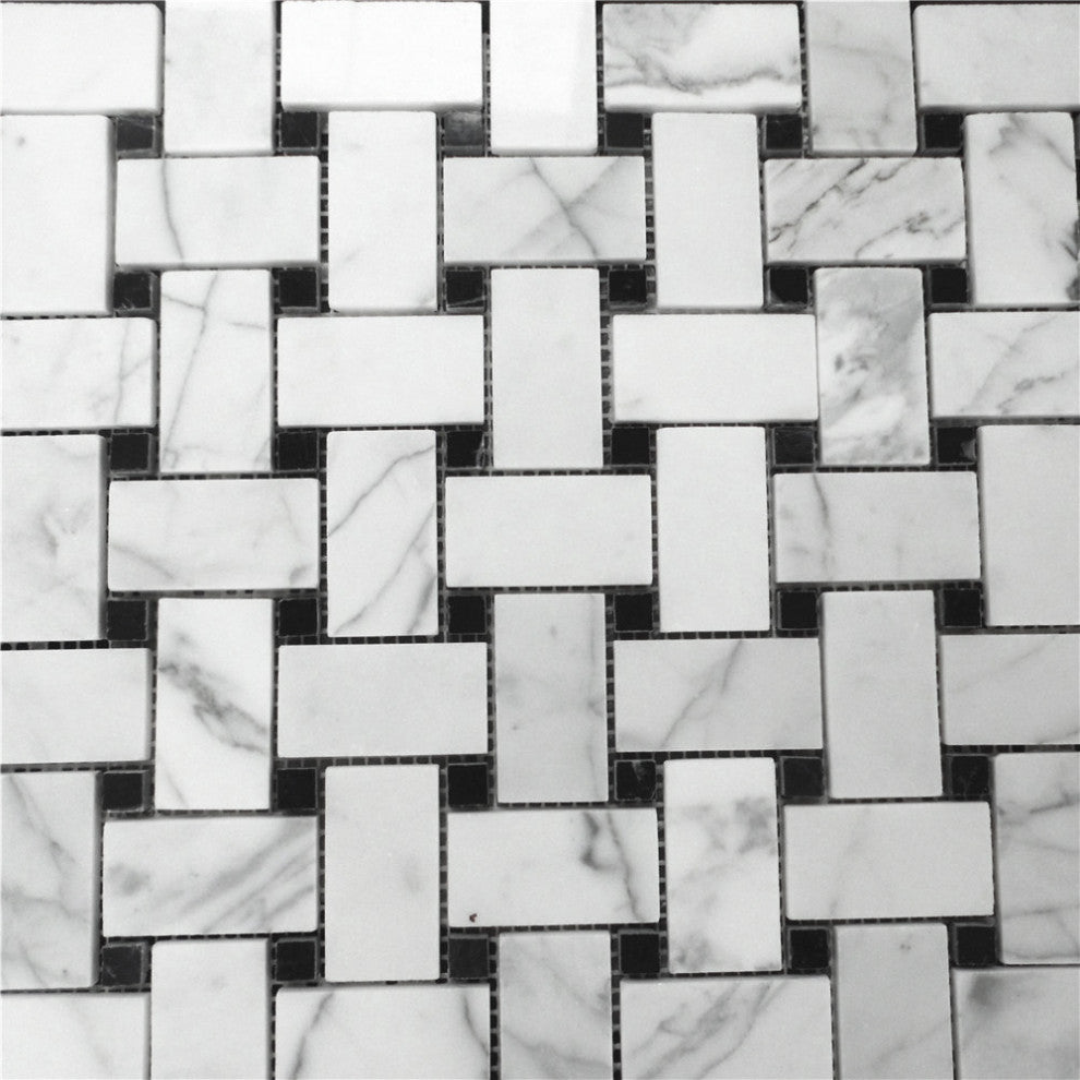 Carrara Marble Basketweave Mosaic Tile Carrera Black Dots Polished 1x2, 1 sheet