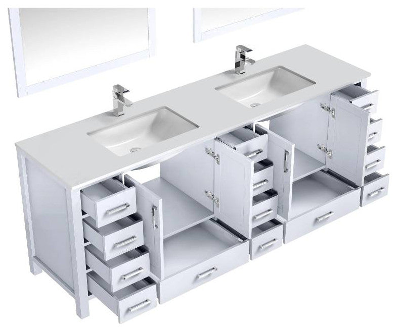 Jacques 84" White Double Sink Vanity with Quartz Top, With Faucet and Mirror