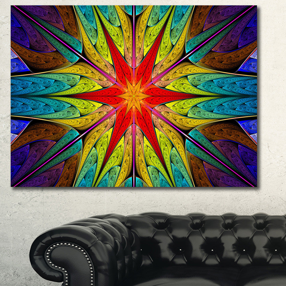 Stained Glass with Bright Red Star, Oversized Abstract Canvas Art Print, 60x40