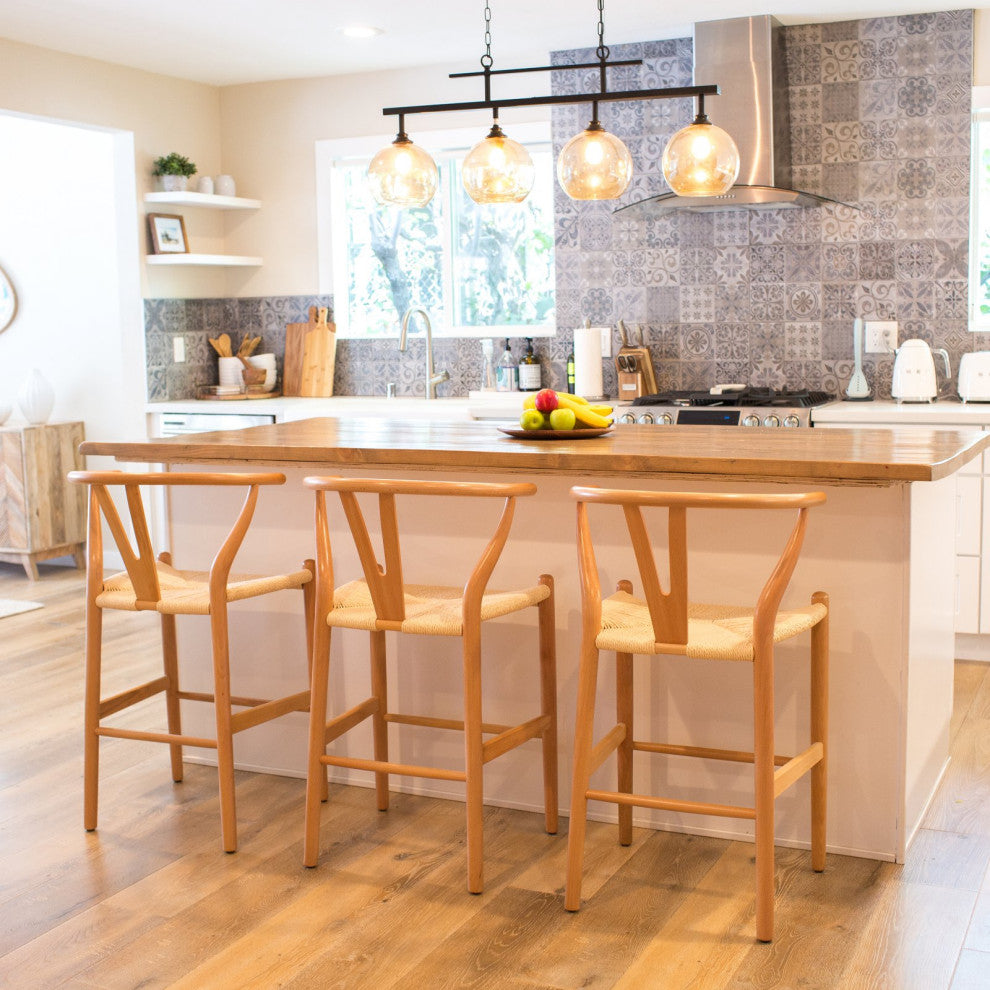 Elite Living (Single) Wishbone Solid Wood Y-Arm Counter Stool, Natural/Natural