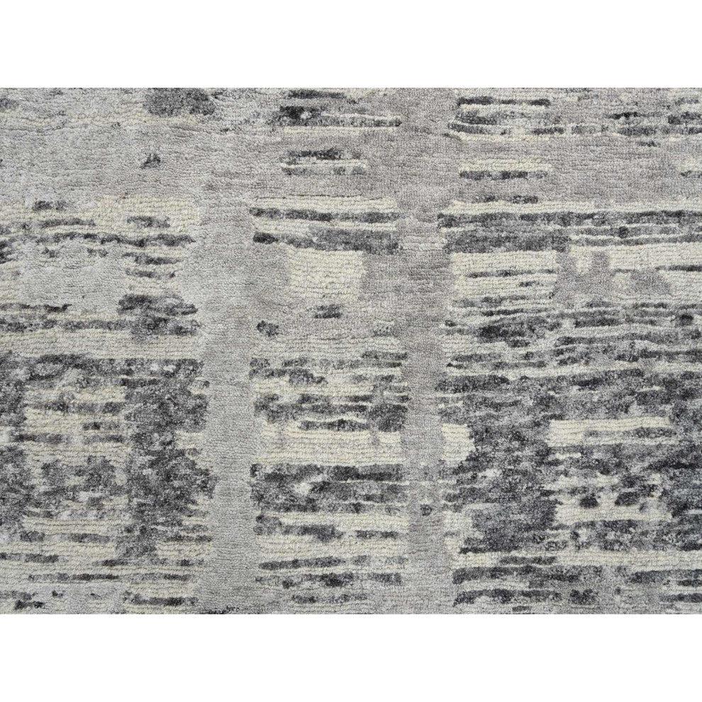 Gray, Modern Design, Natural Wool, Hand Knotted XL Runner Rug, 2'6"x20'0"